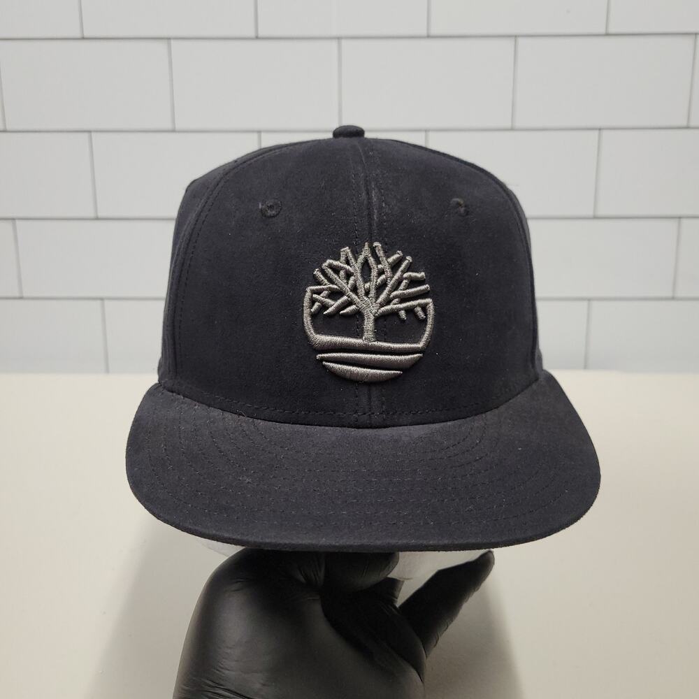 Timberland Black Snapback Hat Tonal Tree Logo Flat Brim Adjustable Cap